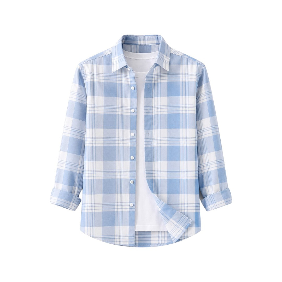 Wild Angels Boutique Men's Premium Sky Blue Plaid Casual Button-Up Shirt