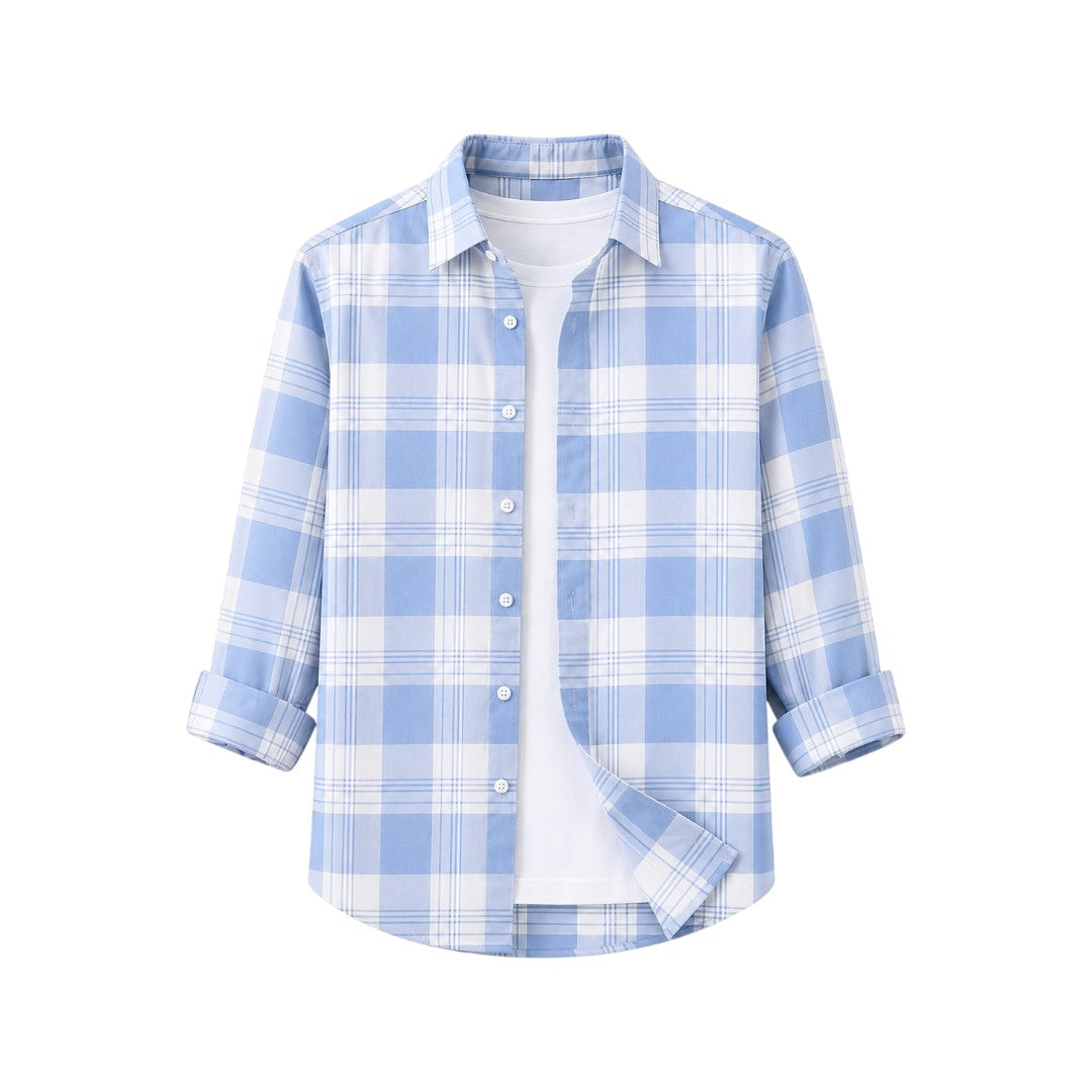 Wild Angels Boutique Men's Premium Sky Blue Plaid Casual Button-Up Shirt